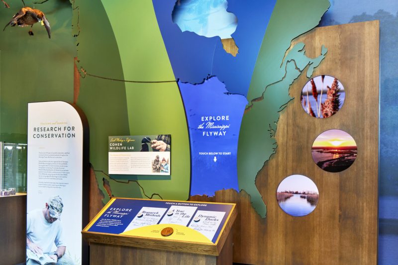 Explore the Mississippi Flyway interactive kiosk where visitors can explore different aspects of the mississippi flyway.